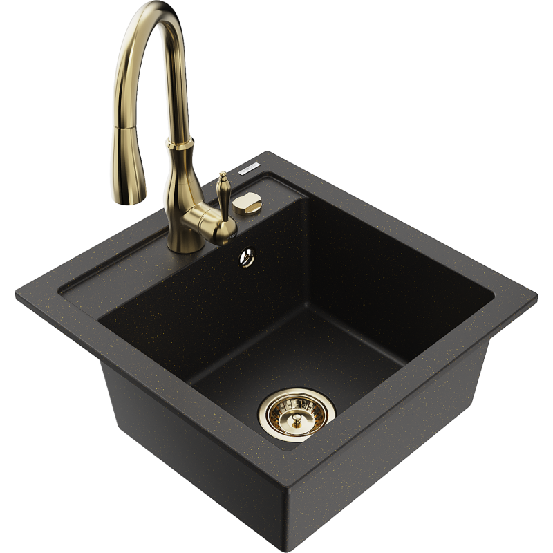 Mexen Vito lavello in granito a 1 vasca con rubinetto da cucina Savita, nero/oro metallizzato - 6503-75-672601-50