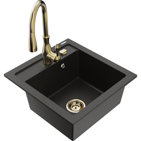 Mexen Vito granite sink 1-bowl with Savita kitchen tap, black/gold metallic - 6503-75-672601-50
