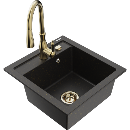 Mexen Vito granitische enkele spoelbak met keukenmengkraan Savita, zwart/goud metallic - 6503-75-672601-50