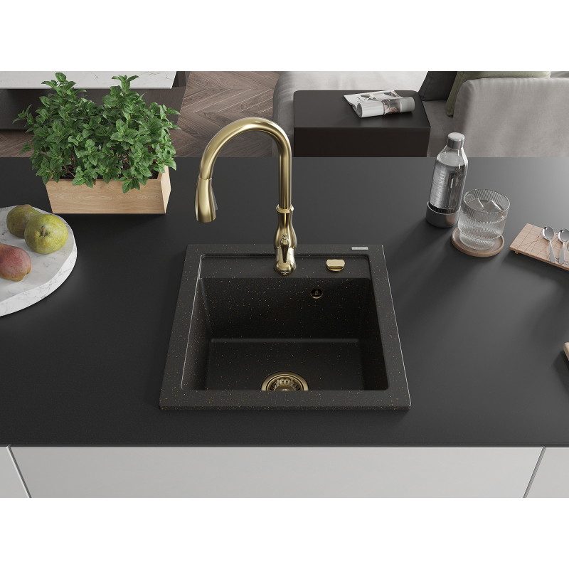 Mexen Vito Granitspüle 1-beckig mit Küchenarmatur Savita, schwarz/gold-metallic - 6503-75-672601-50