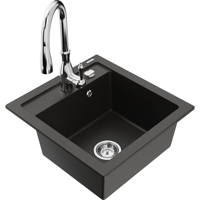 Mexen Vito évier en granit 1 bac avec mitigeur de cuisine Savita, noir/doré métallisé - 6503-75-672601-00