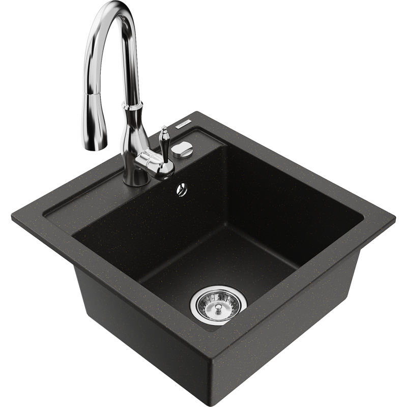Mexen Vito fregadero de granito de 1 cámara con grifo de cocina Savita, negro/oro metálico - 6503-75-672601-00