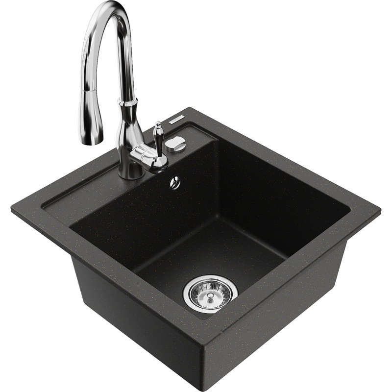 Mexen Vito Granitspüle 1-Becken mit Küchenarmatur Savita, schwarz/goldener Metallic - 6503-75-672601-00
