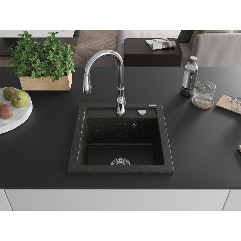 Mexen Vito fregadero de granito de 1 compartimento con grifo de cocina Savita, negro/dorado metálico - 6503-75-672601-00