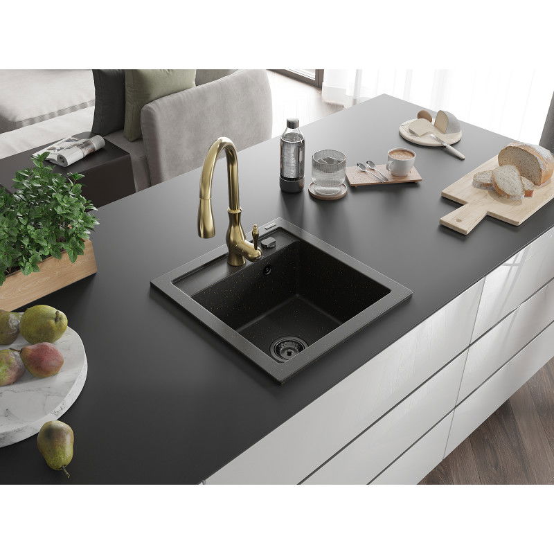 Mexen Vito lavello in granito a 1 vasca con rubinetto da cucina Savita, nero/oro metallizzato - 6503-75-672601-50-B