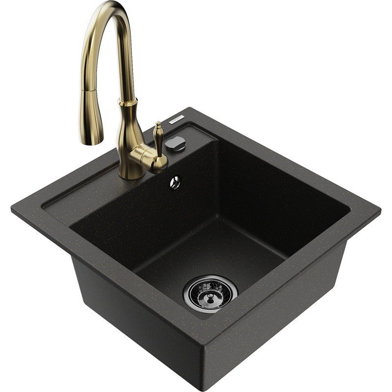 Mexen Vito fregadero de granito de 1 compartimento con grifería de cocina Savita, negro/metalizado dorado - 6503-75-672601-50-B