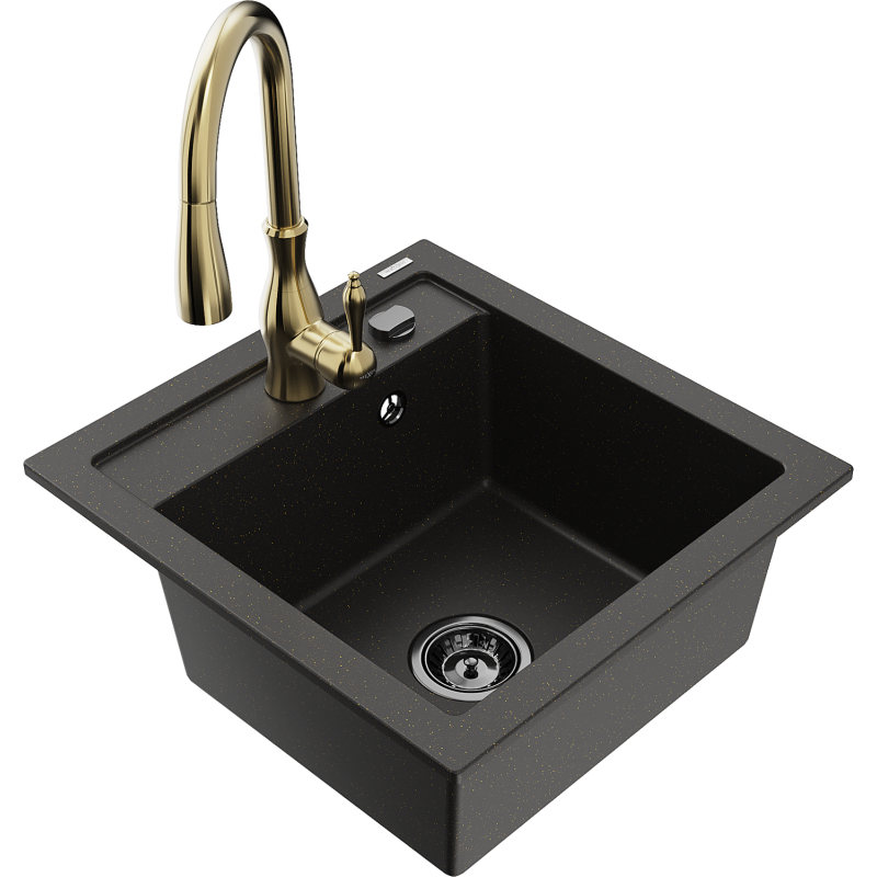 Mexen Vito granieten spoelbak met 1 compartiment en keukenmengkraan Savita, zwart/goud metallic - 6503-75-672601-50-B