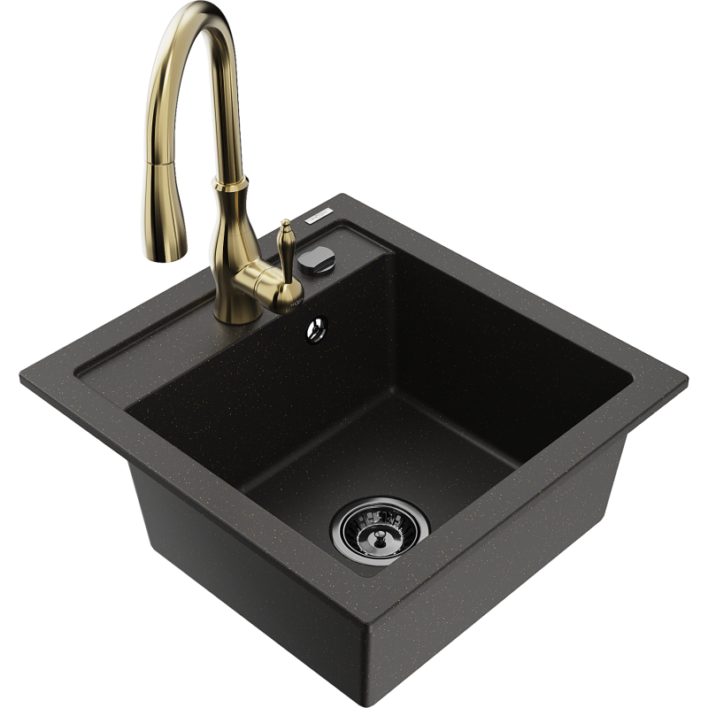 Mexen Vito lavello in granito a 1 vasca con rubinetto da cucina Savita, nero/oro metallizzato - 6503-75-672601-50-B