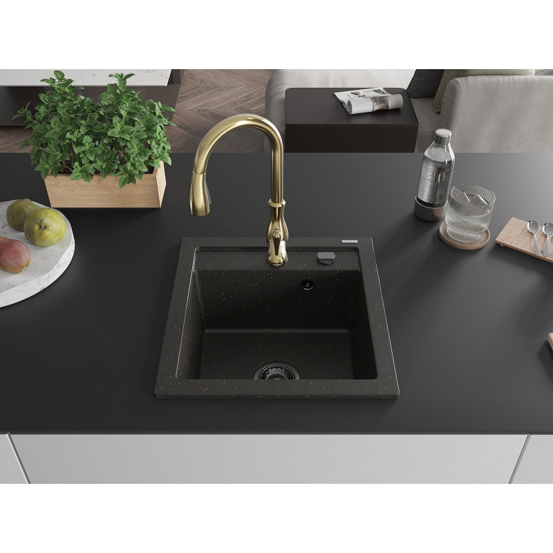 Mexen Vito fregadero de granito de 1 compartimento con grifería de cocina Savita, negro/metalizado dorado - 6503-75-672601-50-B