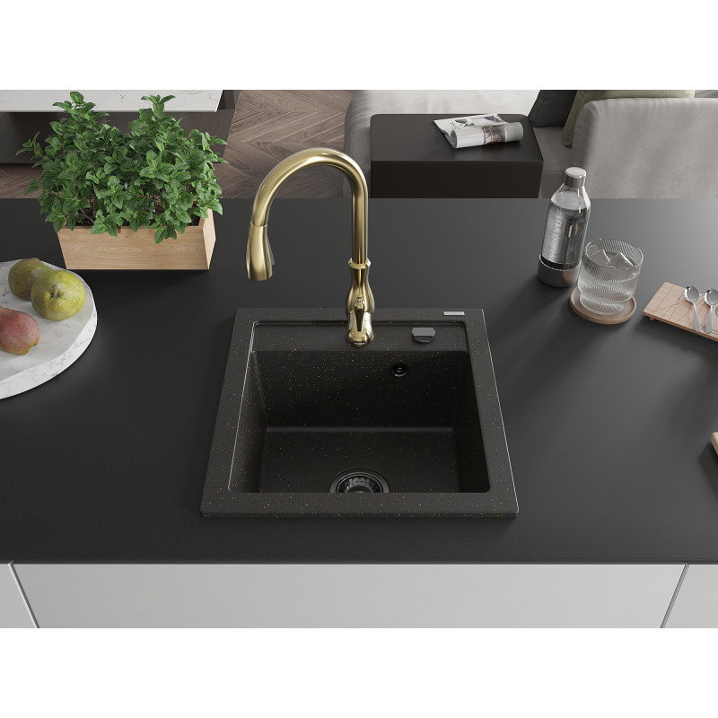 Mexen Vito granite sink 1-bowl with Savita kitchen tap, black/golden metallic - 6503-75-672601-50-B