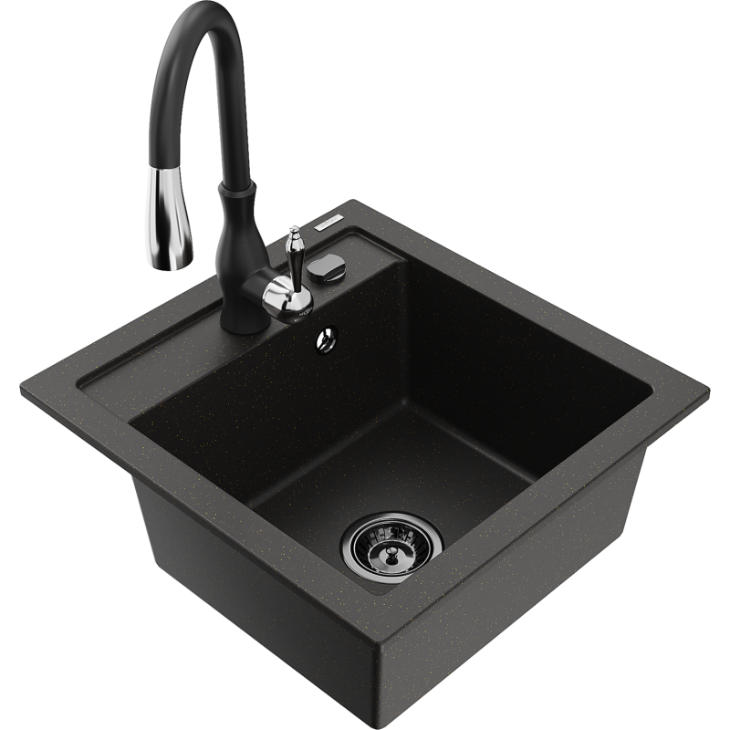 Mexen Vito fregadero de granito de 1 compartimento con grifo de cocina Savita, negro/oro metálico - 6503-75-672601-70-B