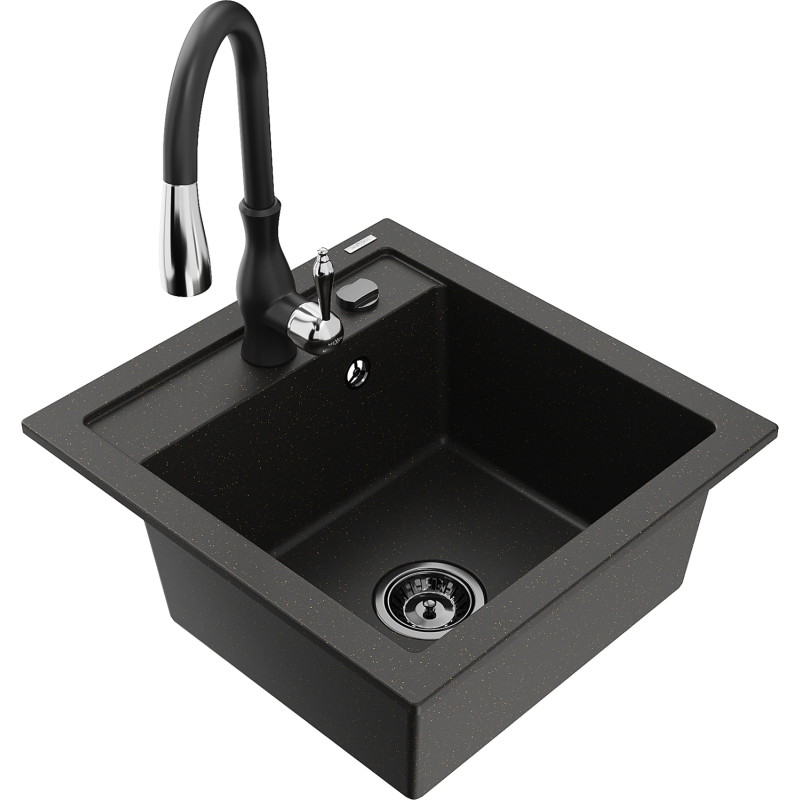 Mexen Vito granieten gootsteen 1-komerig met keukenmengkraan Savita, zwart/goud metallic - 6503-75-672601-70-B