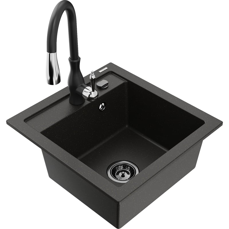 Mexen Vito lavello in granito a 1 vasca con rubinetto da cucina Savita, nero/oro metallizzato - 6503-75-672601-70-B