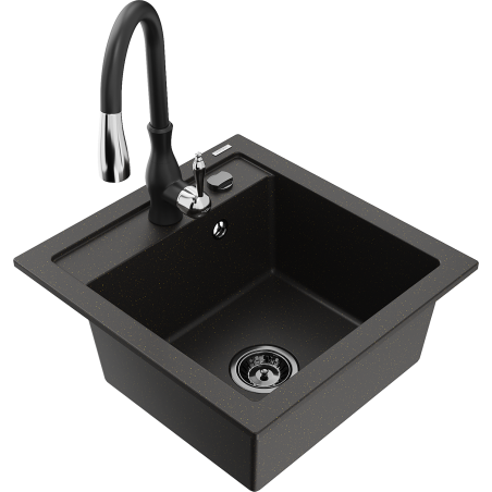 Mexen Vito 1-bowl granite sink with kitchen faucet Savita, black/gold metallic - 6503-75-672601-70-B