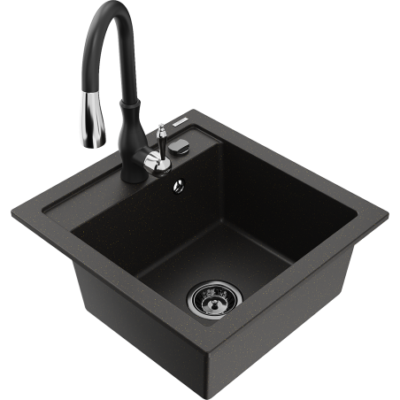 Mexen Vito Granit-Spullsteen mat 1-Schlapp mat Kichenhahn Savita, schwaarz/golde Metallescheg - 6503-75-672601-70-B