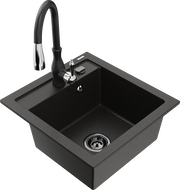 Mexen Vito fregadero de granito de 1 compartimento con grifo de cocina Savita, negro/oro metálico - 6503-75-672601-70-B