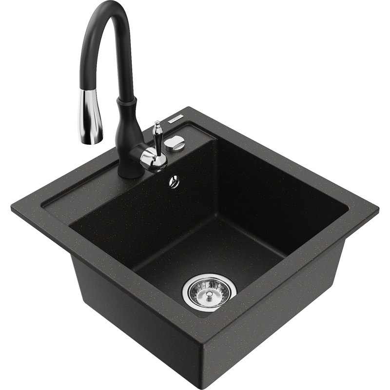 Mexen Vito lavello in granito a 1 vasca con rubinetto da cucina Savita, nero/oro metallico - 6503-75-672601-70