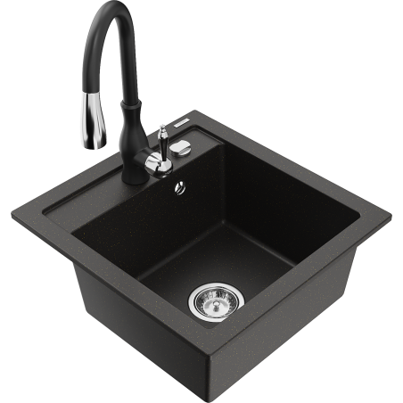 Mexen Vito granite kitchen sink 1-bowl with Savita kitchen faucet, black/golden metallic - 6503-75-672601-70