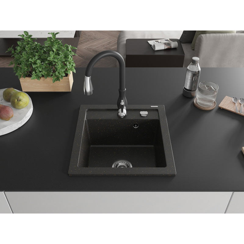 Mexen Vito fregadero de granito de 1 cubeta con grifo de cocina Savita, negro/metálico dorado - 6503-75-672601-70