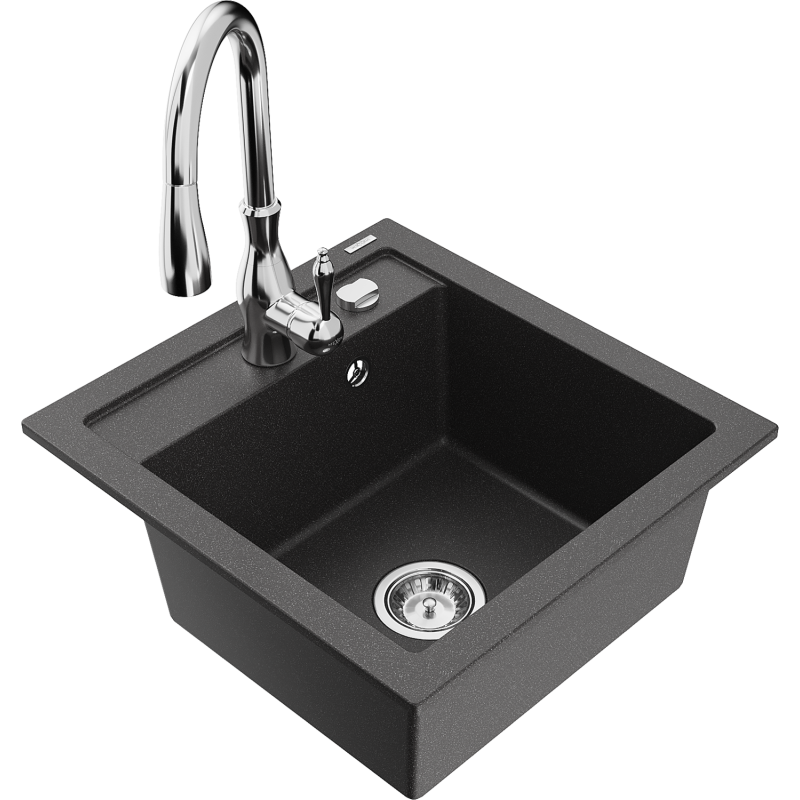 Mexen Vito fregadero de granito de 1 cámara con grifo de cocina Savita, negro moteado - 6503-76-672601-00