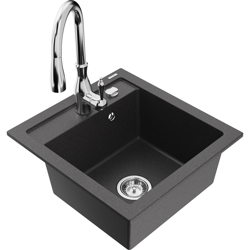 Mexen Vito granite kitchen sink 1-bowl with Savita kitchen tap, black speckled - 6503-76-672601-00
