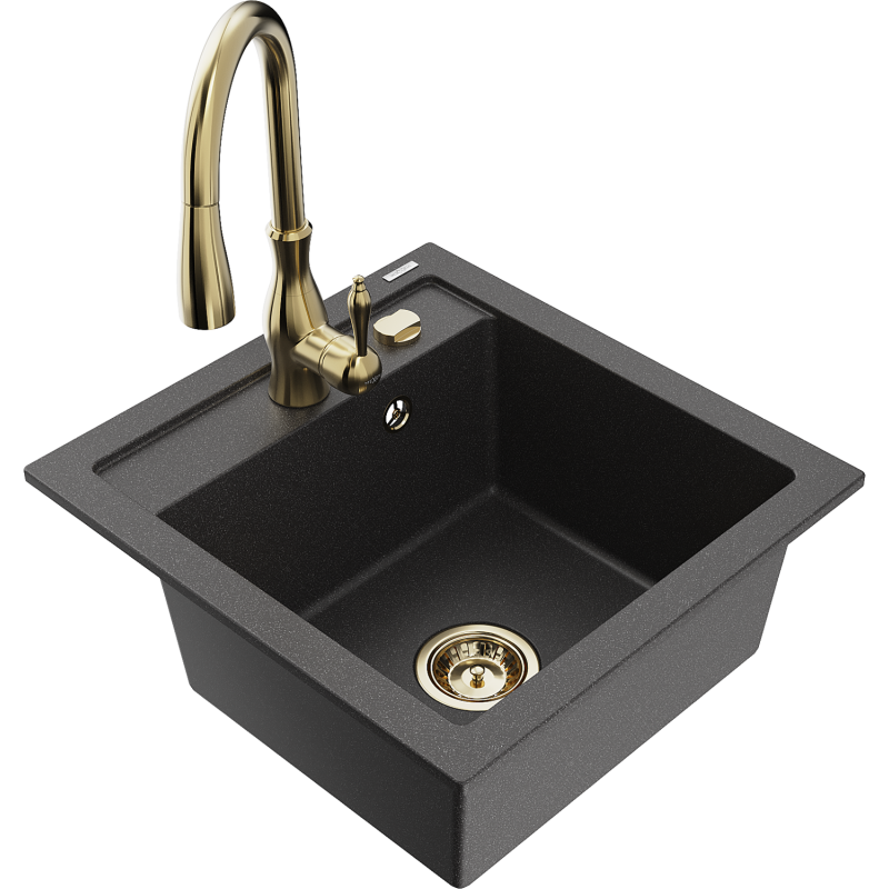 Mexen Vito fregadero de granito de 1 tina con grifo de cocina Savita, negro moteado - 6503-76-672601-50