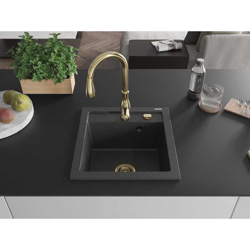 Mexen Vito fregadero de granito de 1 seno con grifo de cocina Savita, negro moteado - 6503-76-672601-50