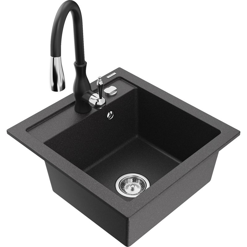 Mexen Vito fregadero de granito de 1 seno con grifo de cocina Savita, negro moteado - 6503-76-672601-70