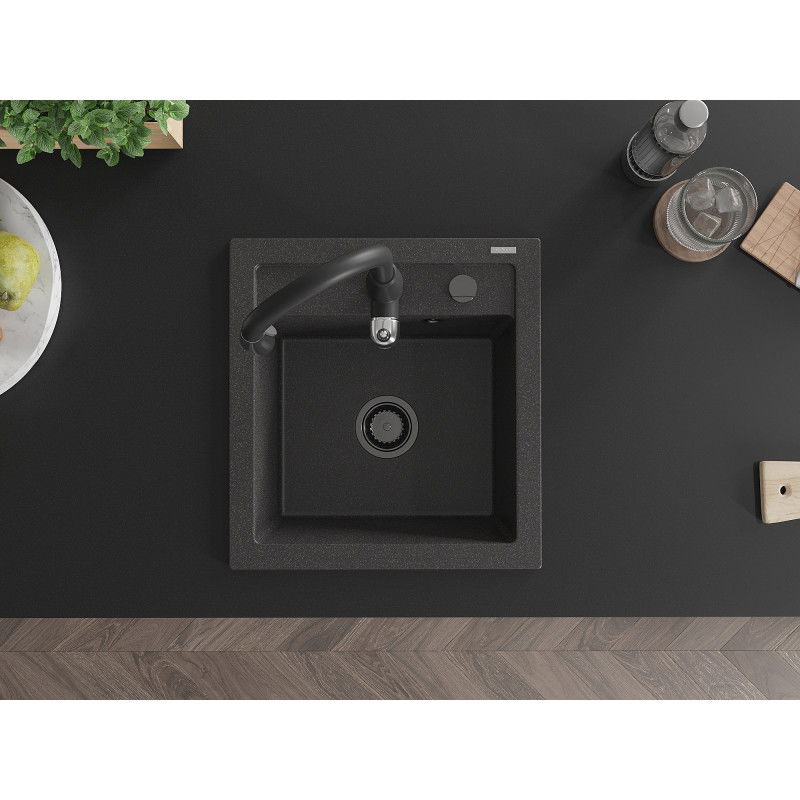 Mexen Vito granite kitchen sink 1-bowl with Savita kitchen tap, black speckled - 6503-76-672601-70-B