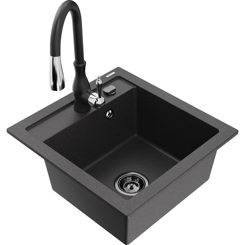 Mexen Vito fregadero de granito de 1 seno con grifo de cocina Savita, negro moteado - 6503-76-672601-70-B
