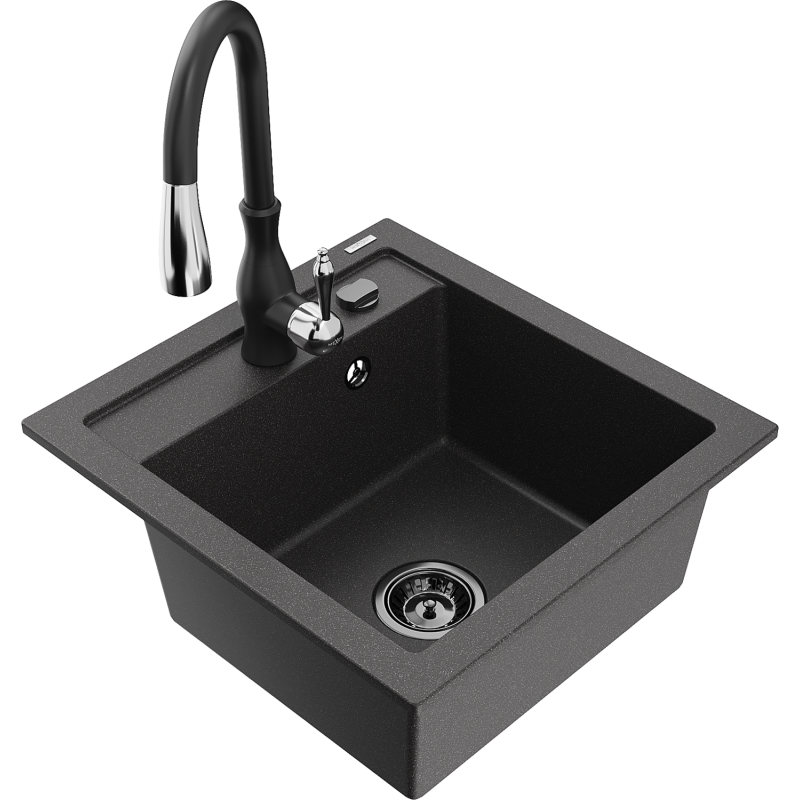 Mexen Vito granite kitchen sink 1-bowl with Savita kitchen tap, black speckled - 6503-76-672601-70-B
