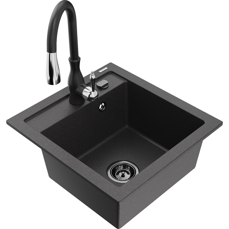 Mexen Vito lava-loiça em granito de 1 cuba com torneira de cozinha Savita, preto salpicado - 6503-76-672601-70-B