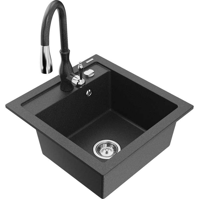 Mexen Vito 1-bowl granite sink with Savita kitchen tap, speckled black - 6503-76-672601-76