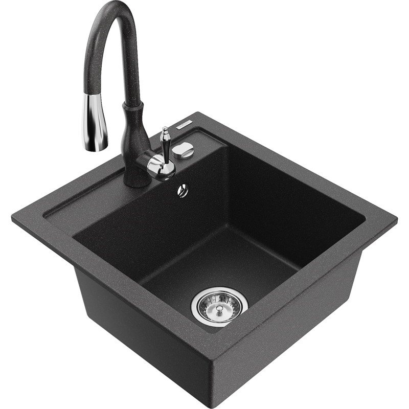 Mexen Vito granit spoelbak 1-kamer met keuken kraan Savita, zwart gespikkeld - 6503-76-672601-76
