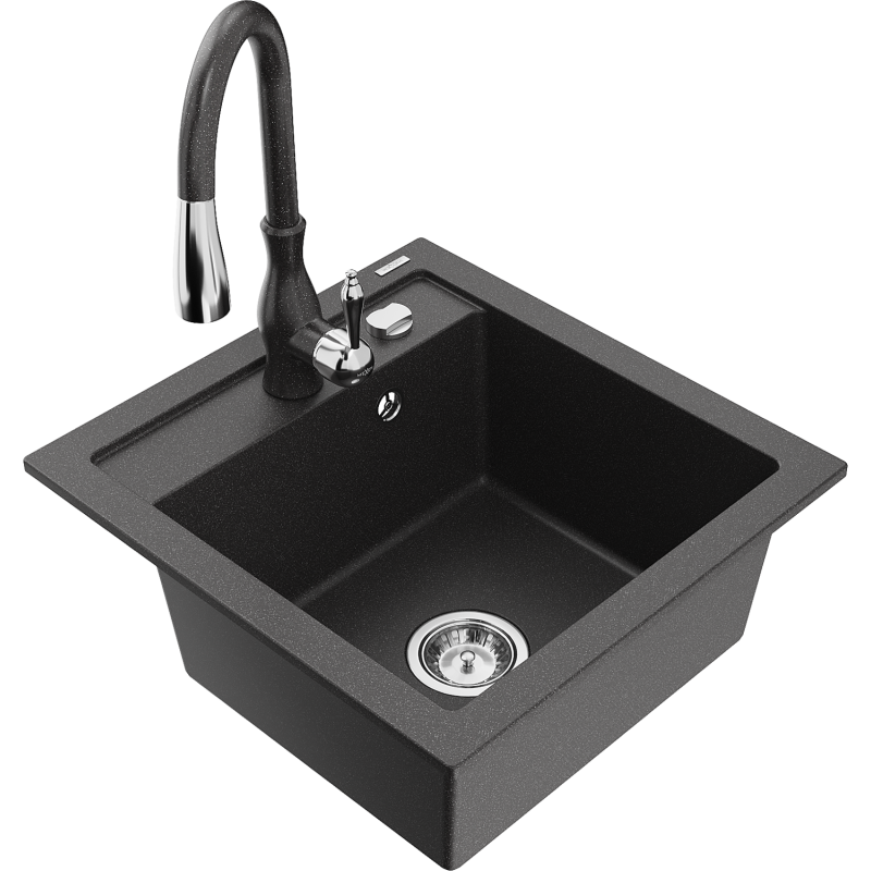 Mexen Vito granitdiskho med en kammare och köksblandare Savita, svart spräcklig - 6503-76-672601-76