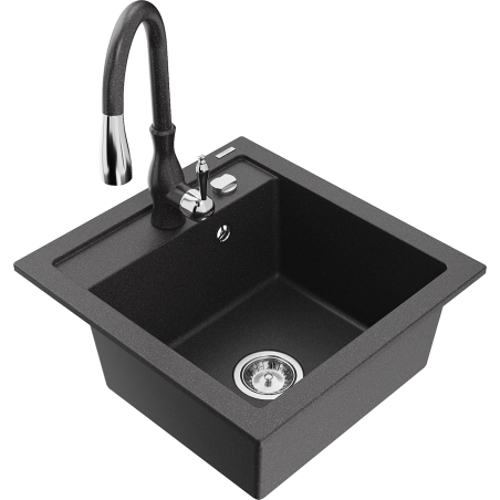 Mexen Vito granite kitchen sink 1-bowl with Savita kitchen faucet, black speckled - 6503-76-672601-76