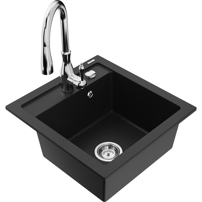 Mexen Vito fregadero de granito de 1 cubeta con grifo de cocina Savita, negro - 6503-77-672601-00