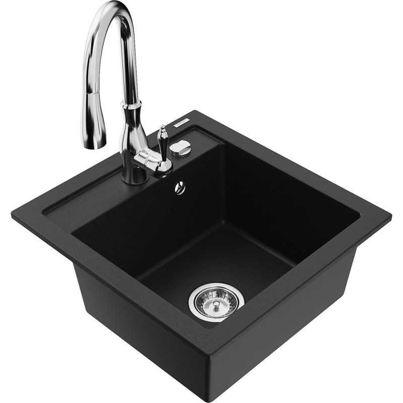 Mexen Vito fregadero de granito de 1 tazón con grifo de cocina Savita, negro - 6503-77-672601-00