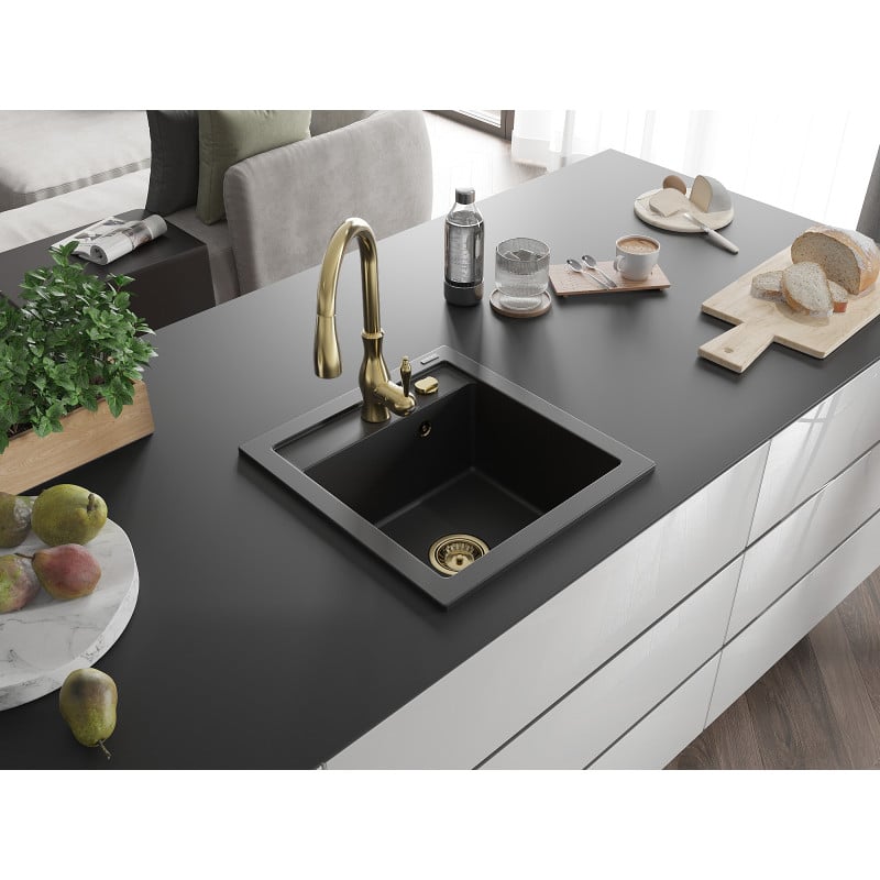 Mexen Vito granite sink 1-bowl with Savita kitchen tap, black - 6503-77-672601-50