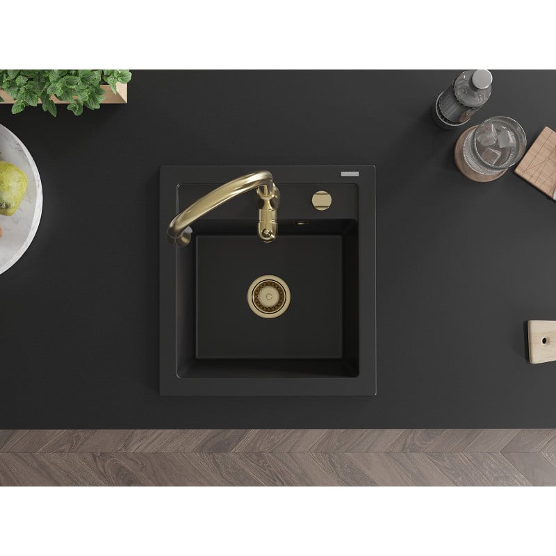 Mexen Vito granite sink 1-bowl with Savita kitchen tap, black - 6503-77-672601-50