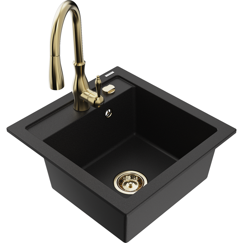 Mexen Vito fregadero de granito de 1 cámara con grifo de cocina Savita, negro - 6503-77-672601-50