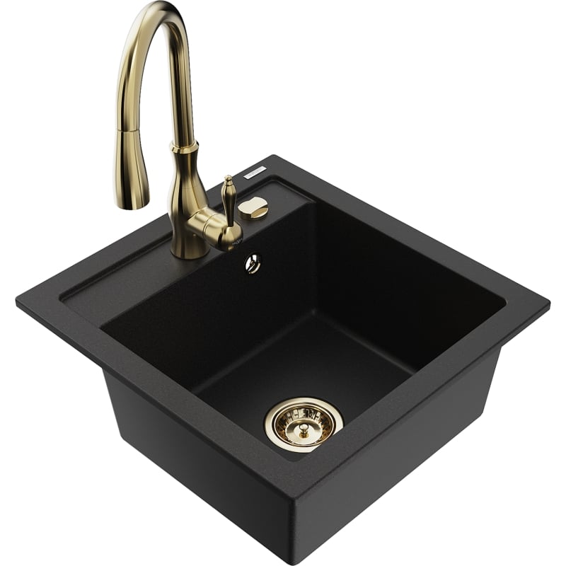 Mexen Vito granite single-bowl kitchen sink with Savita faucet, black - 6503-77-672601-50