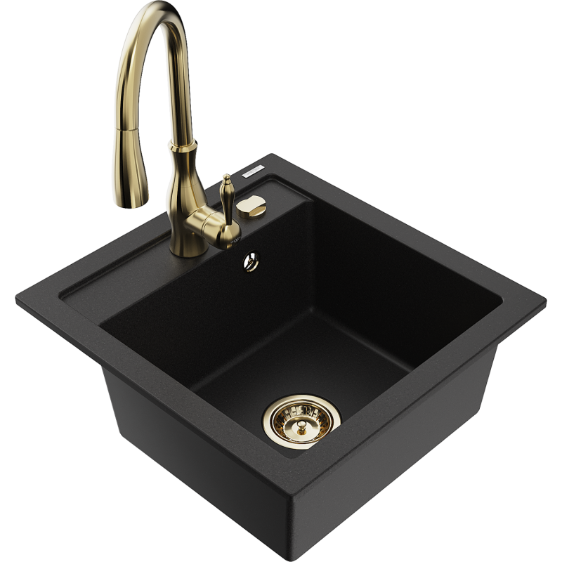Mexen Vito granite sink 1-bowl with Savita kitchen tap, black - 6503-77-672601-50