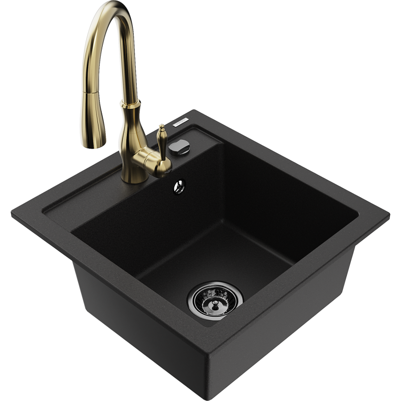 Mexen Vito lava-loiça de granito 1-cuba com torneira de cozinha Savita, preto - 6503-77-672601-50-B