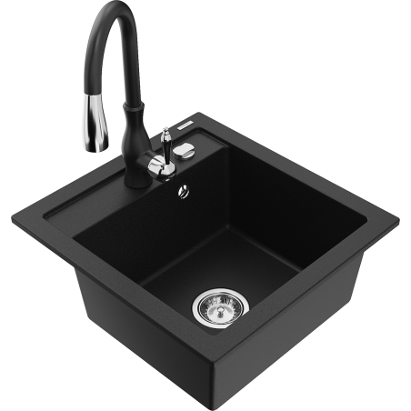 Mexen Vito 1-bowl granite sink with Savita kitchen faucet, black - 6503-77-672601-70