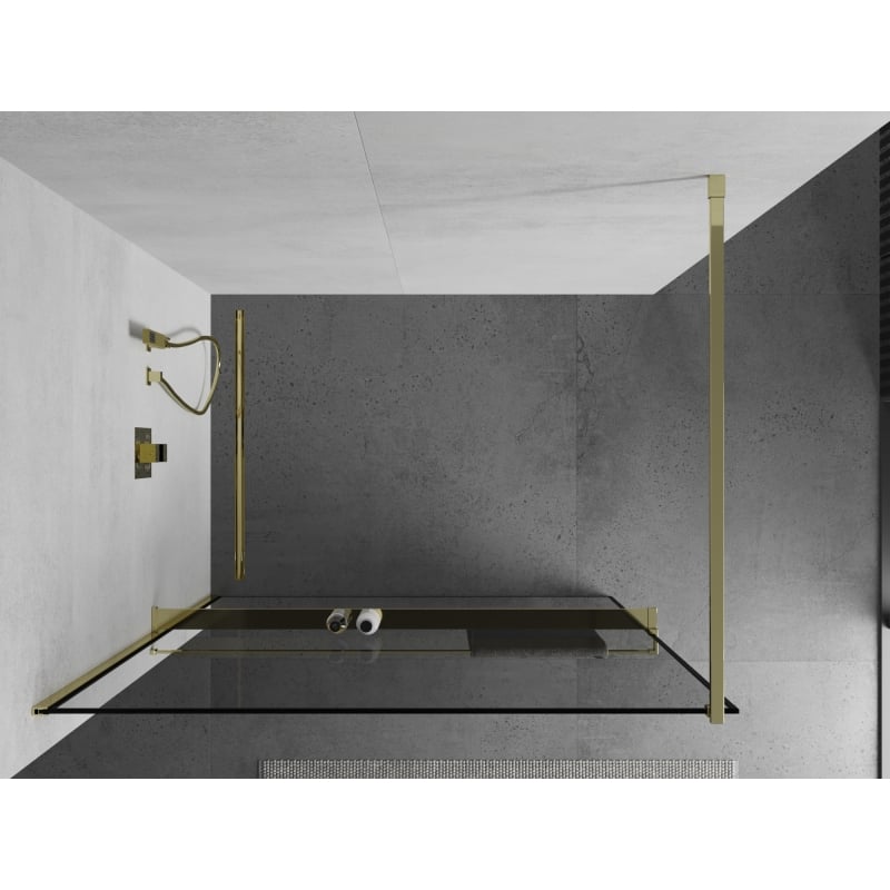 Mexen Kioto+ dušisein riiuliga Walk-in 130 x 200 cm, must raam, kuldne - 800-130-121-50-70