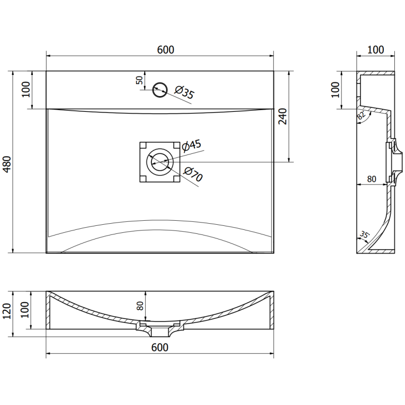 Mexen Poli lavatório de bancada de conglomerado 1/O 60 x 48 cm, preto - 23026071