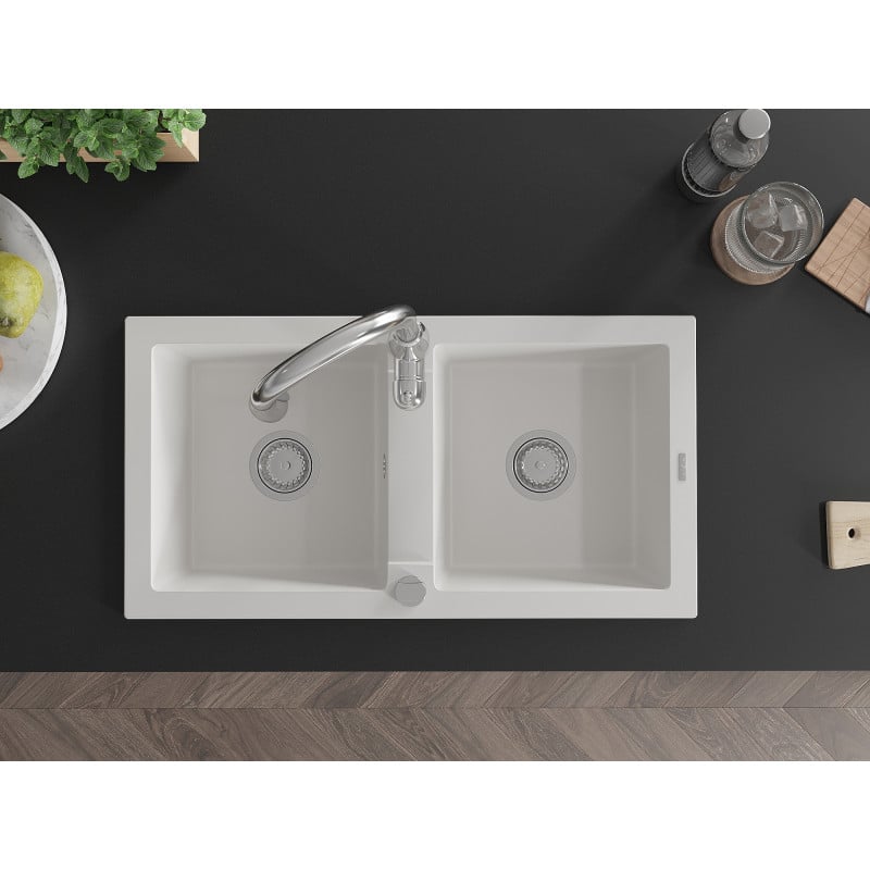 Mexen Mario lava-louça de granito de 2 cubas com torneira de cozinha Savita, branco - 6504-20-672601-00