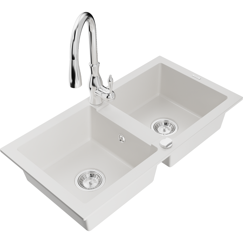 Mexen Mario fregadero de granito de 2 compartimentos con grifo de cocina Savita, blanco - 6504-20-672601-00