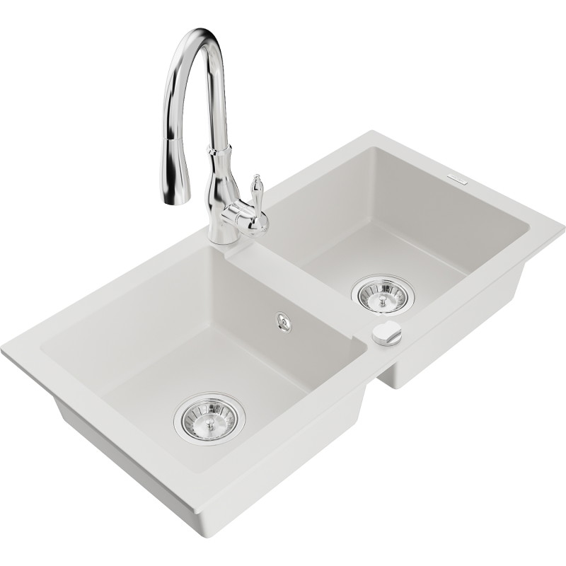 Mexen Mario fregadero de granito de dos compartimentos con grifo de cocina Savita, blanco - 6504-20-672601-00